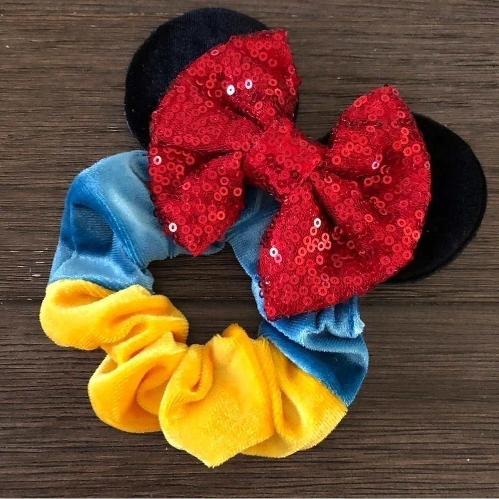 Red, blue, and yellow velvet and sequin Mickey ear hair scrunchie
